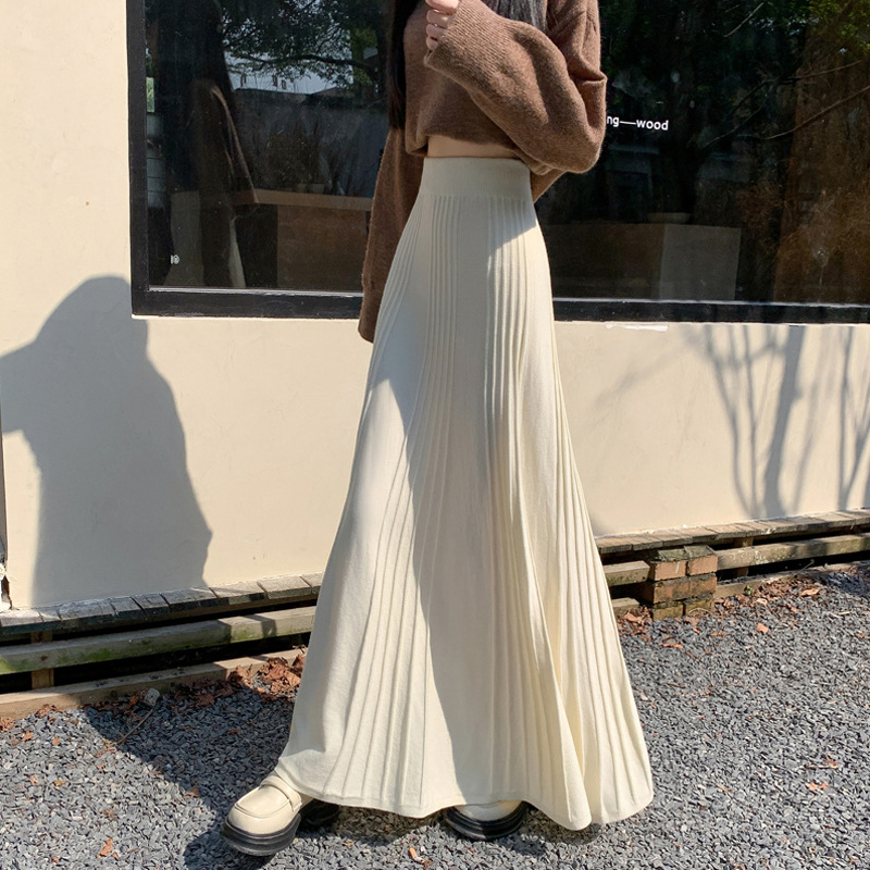 Autumn and Winter Sweater Half-Length Skirt to Ankle High Waist Slimming Look A-Line Umbrella Skirt Women's Lazy Style Knitted Pleated Skirt