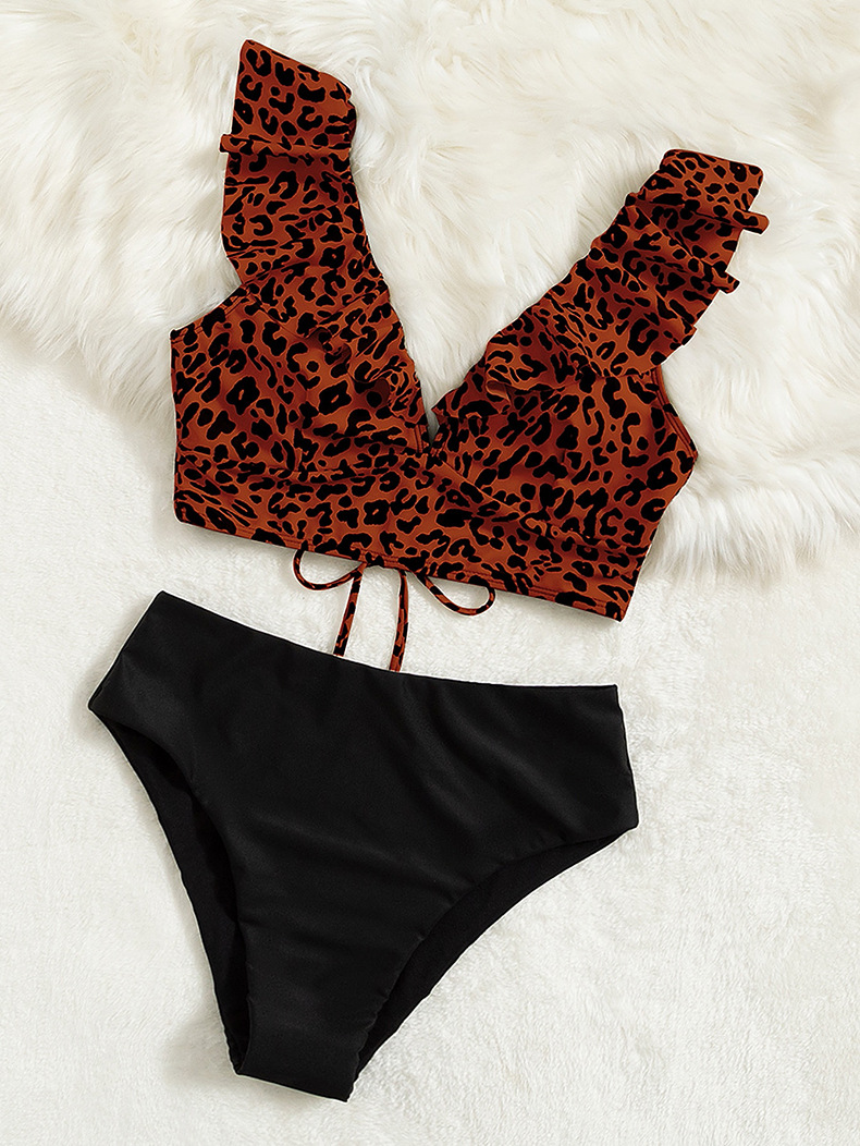 2024 New Leopard Pattern Ruffle Edge Beach Bikini Women's High Waist Triangle Split Swimsuit_voghion.com