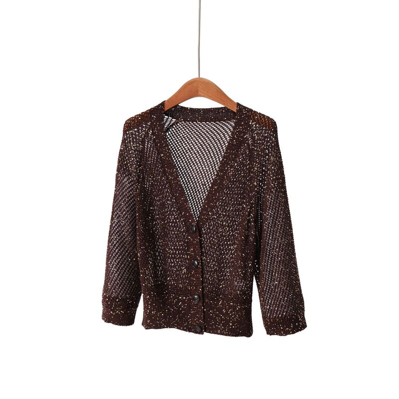 Luxury B~C Linen-Cotton Hollow Mesh Heavy Sequin Elegant V-Neck Thin Loose Knit Cardigan 26 Summer