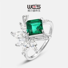 跨境新品专供培育祖母绿戒指S925银马眼镶培育彩宝食指戒高端优雅