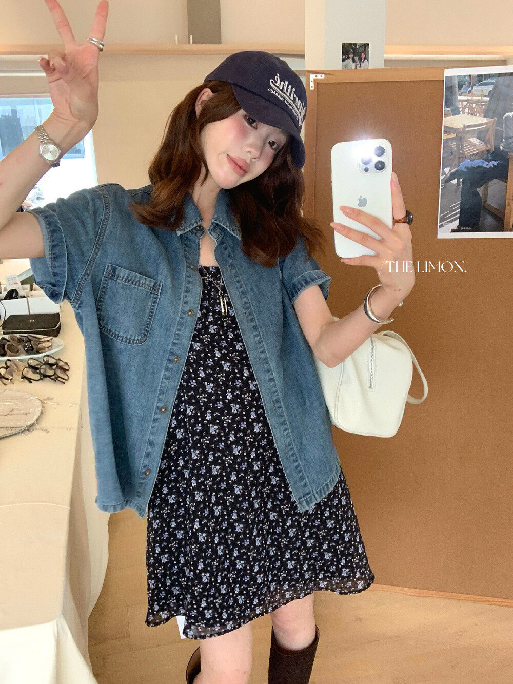 Áo sơ mi nữ cổ bẻ tay ngắn phong cách rộng rãi họa tiết túi ngực — xanh lam chi tiết 27