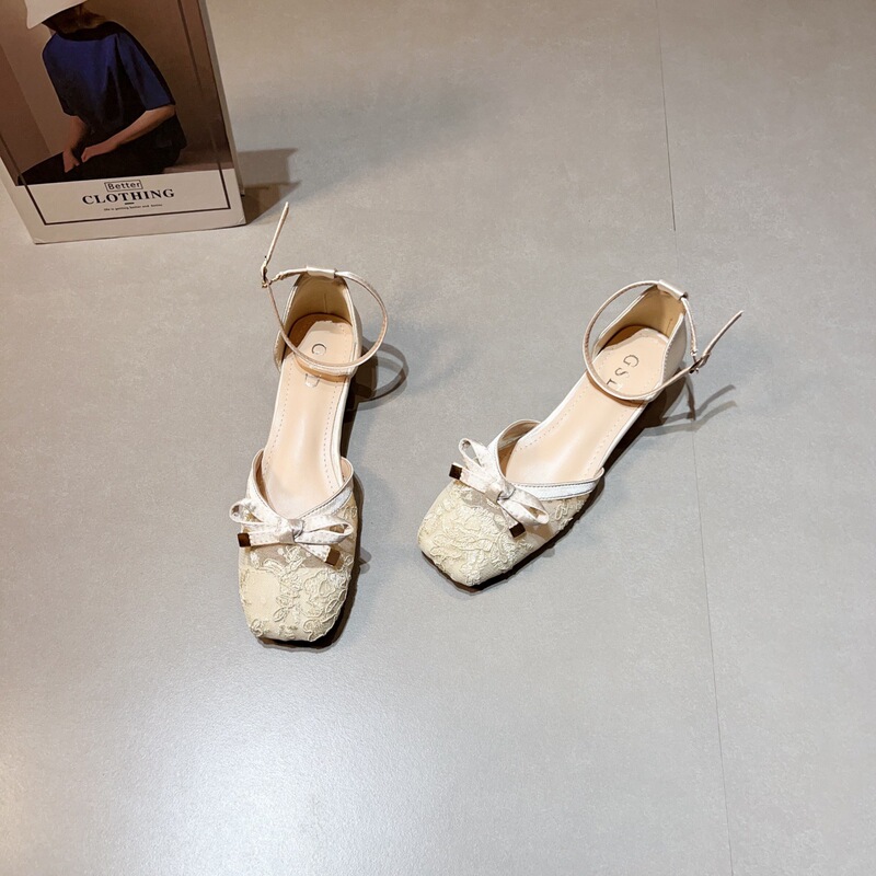 French-Style Socialite Style Bow-Knot Mesh Lace Closed-Toe Chunky Heel Sandals for Women, New Model with Single Strap and Mid-Heel Fashion Shoes