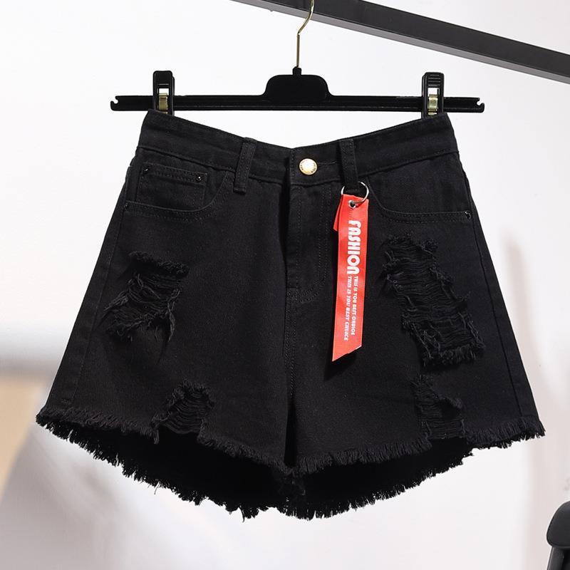 ハイウエストの白いデニムの半ズボンの女性の夏の新型のゆったりした穴のギャルの大きいサイズの広い足の薄いタイプのa字の熱いズボン|undefined