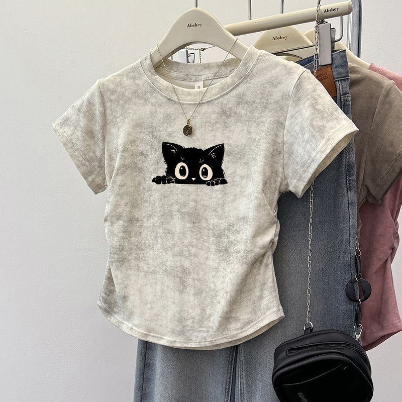 100% Cotton Tie-Dye Printed Right Shoulder Short-Sleeved T-Shirt for Women in Summer with Unique Design Pleated Waist Hot Girl Top