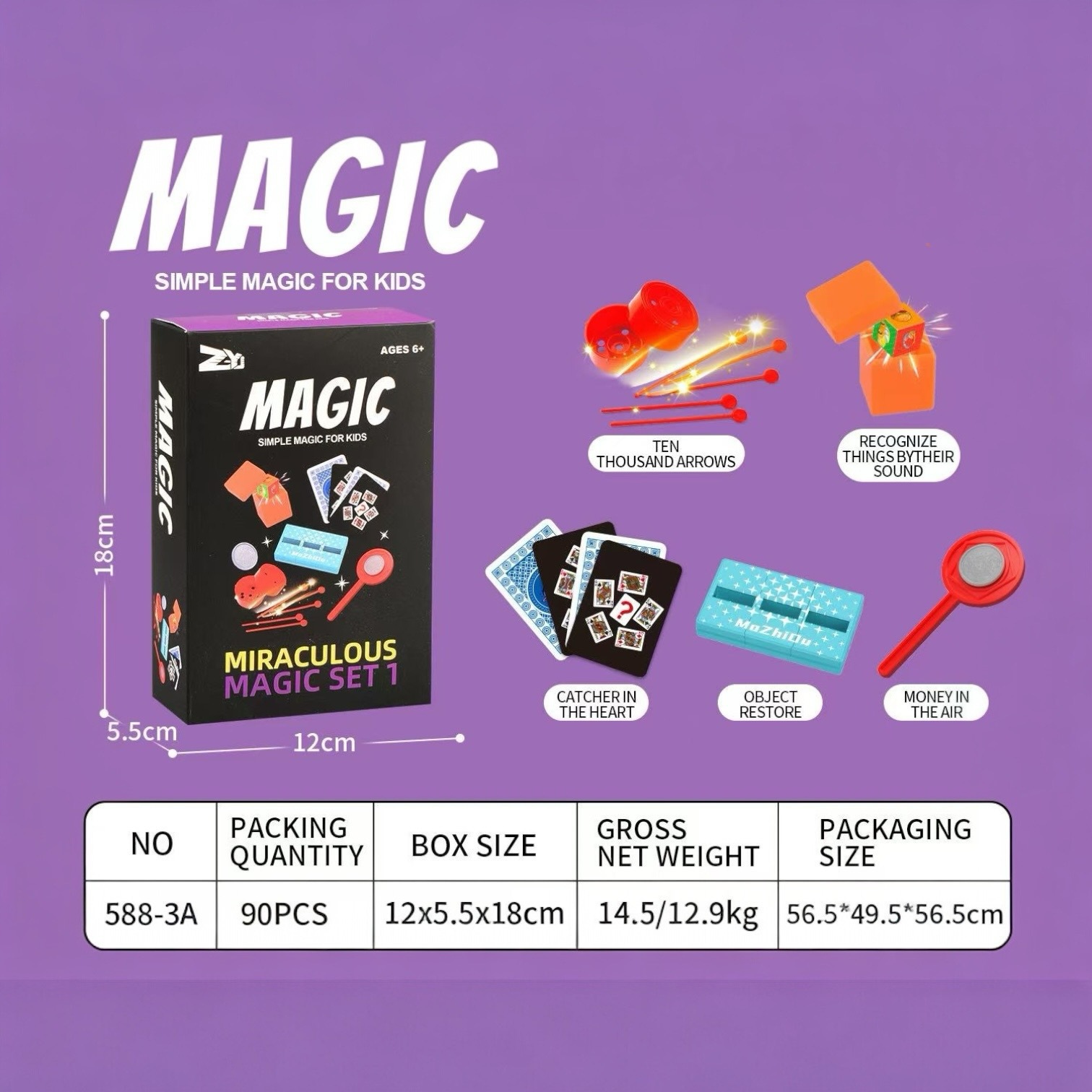 5가지 종류의 마술 소품(보라색 영어 색상 상자에 담긴 고급 버전)