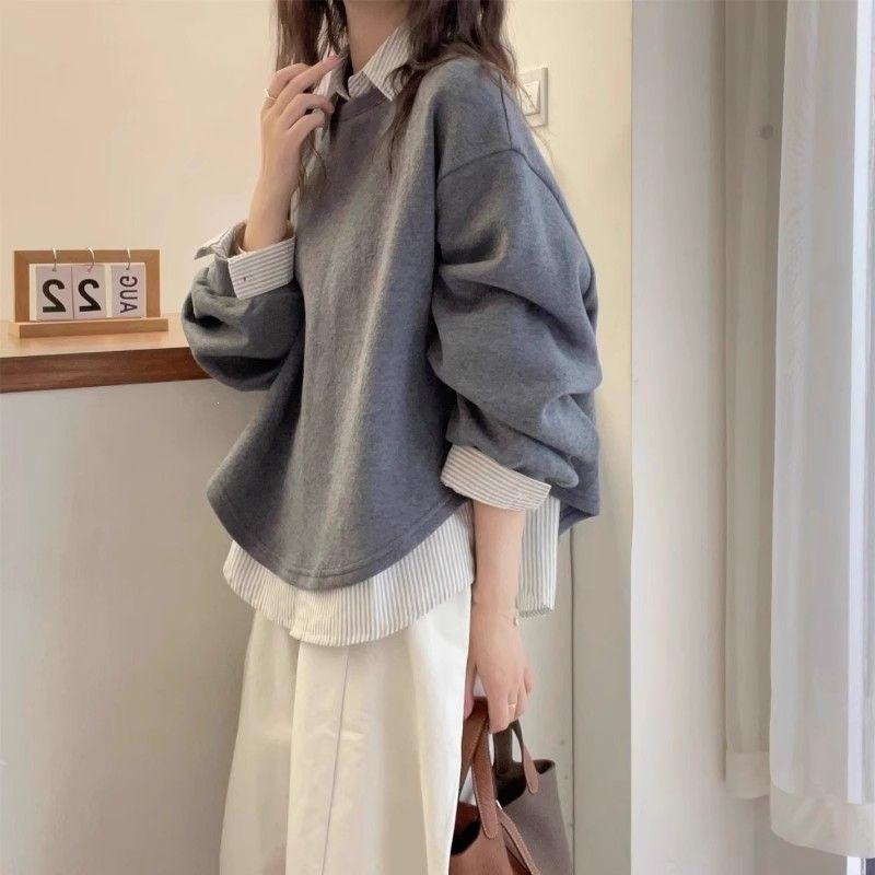 灰色假两件卫衣女2026秋季新款格雷系穿搭宽松大码胖mm慵懒风上衣