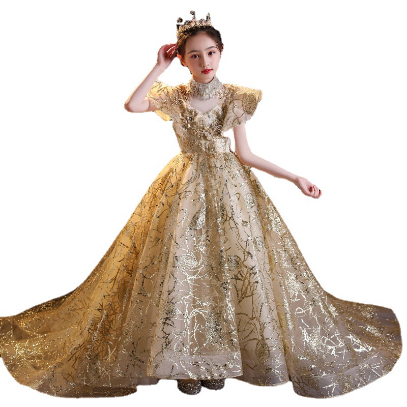 Vestido de arrastre para niños Súper Hada vestido de verano de un año de edad hilo esponjoso Vestido de princesa occidental pasarela T-etapa disfraz para niños