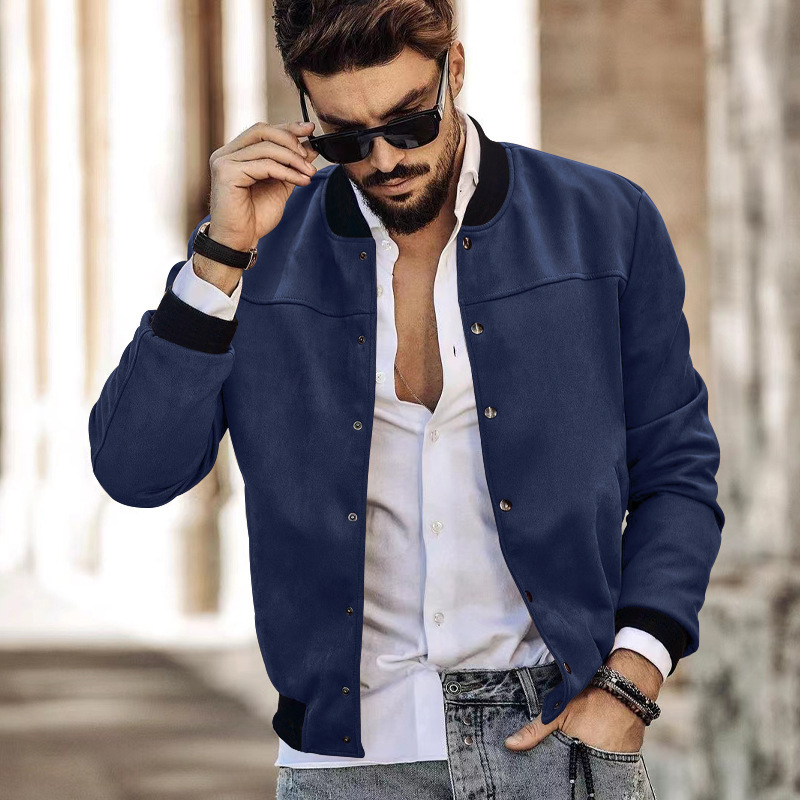 2024 temu Spring New Men's Suede Standing Collar Button Cardigan Jacket Casual Coat_mkmklike.com