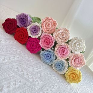 Hand-Knitted Roselle Rose Bouquet Finished Product Cross-Border Foreign Trade Crocheted Wool Knitted Simulated Everlasting Flower Gift