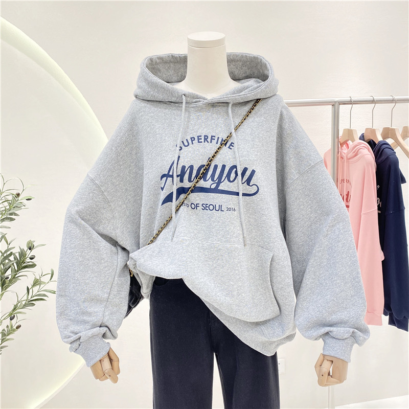 Sudera con Capucha Transfronteriza de Otoño/Invierno, Estilo Coreano, Estampado de Letras, Nuevo Modelo, con Forro Polar, Manga Larga, Top Multiusos de Moda