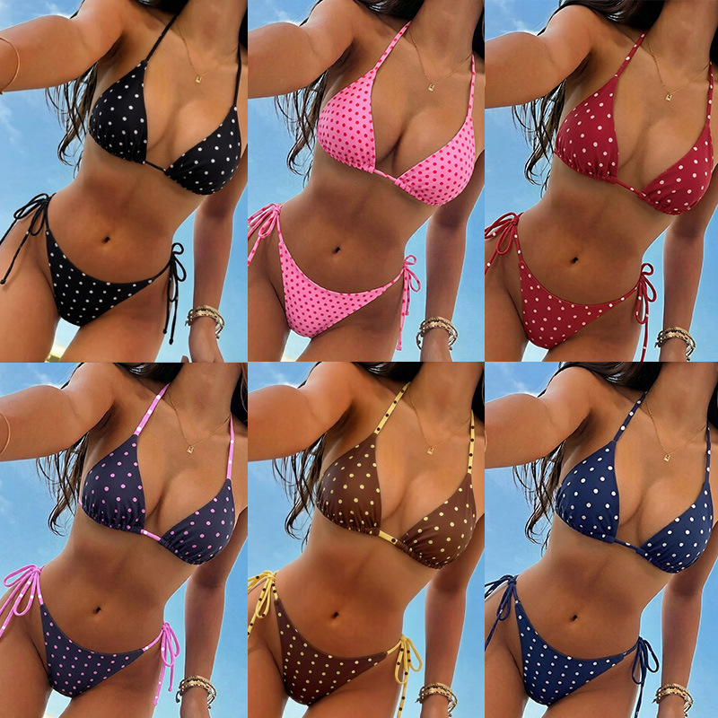 2026 Cross-Border European and American Shein Hot-Selling Retro Polka Dot Lace-Up Sexy Beach Bikini Swimsuit Set for Women 2026 Cross-Border European and American Shein Hot-Selling Retro Polka Dot Lace-Up Sexy Beach Bikini Swimsuit Set for Women
