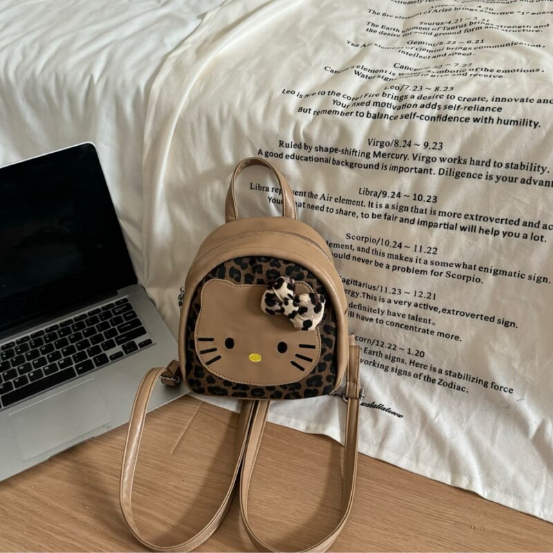 韩版可爱豹纹黑皮蛋仔kitty猫双肩包包早秋新款甜美外出手提背包|undefined