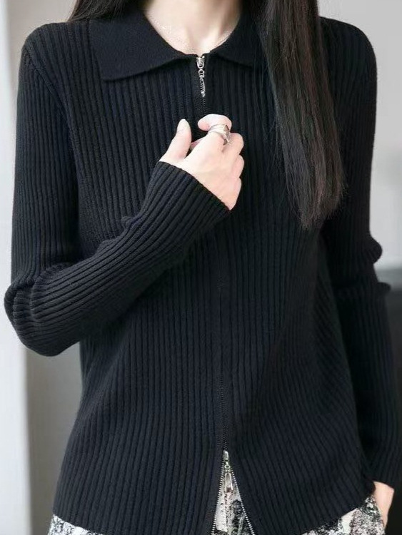 设计感双拉链针织开衫女翻领毛衣外套春秋修身显瘦长袖衬衫领上衣|undefined