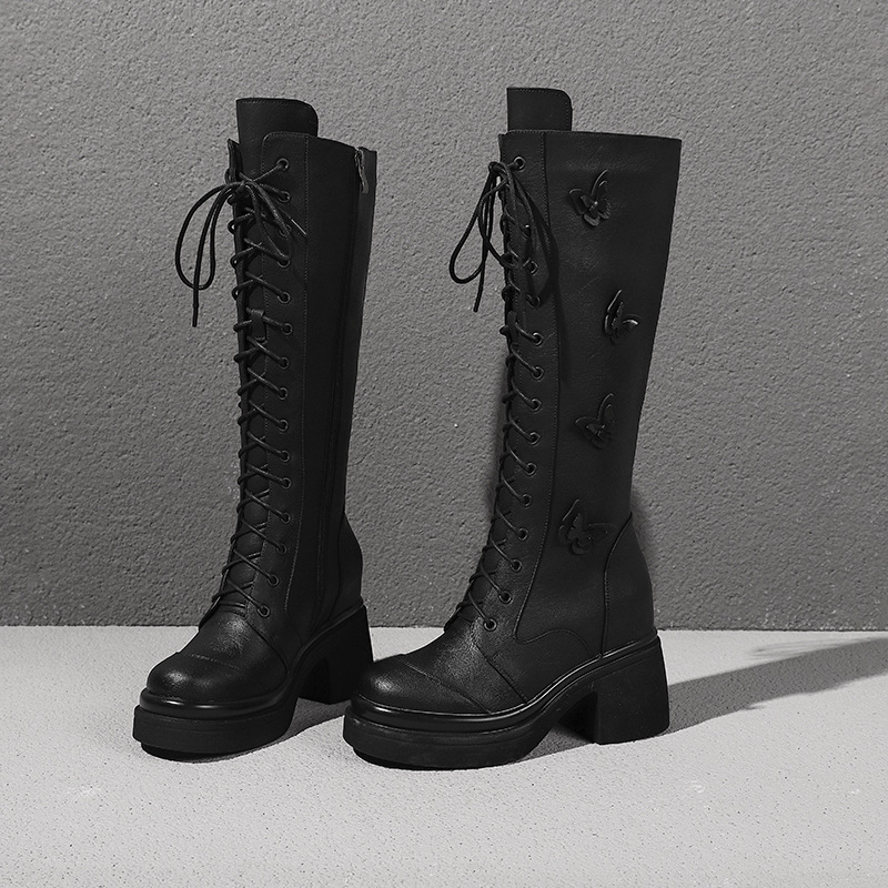 Boot nữ cổ cao dây buộc phong cách cổ điển, gót 10 cm — Nhung kaki đậm chi tiết 10