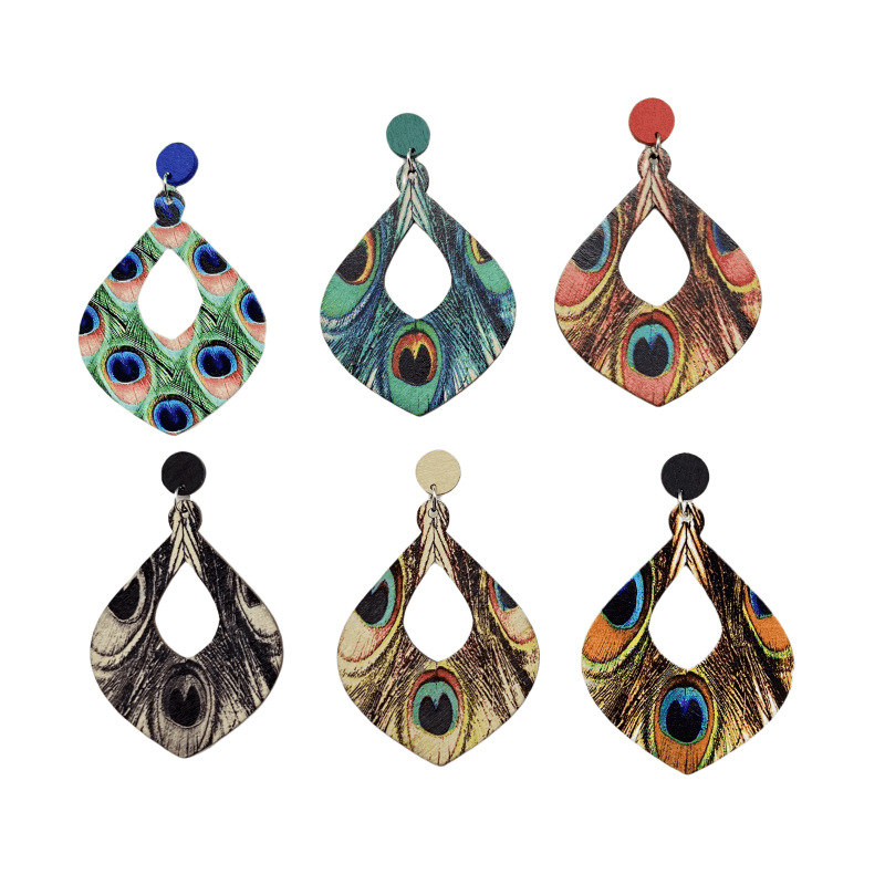 Wood Material 1 Pair Bohemian Water Droplets Feather Stoving Varnish Hollow Out Wood Drop Earrings
