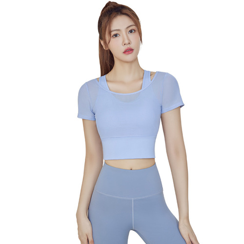 Women's thin two-piece sports top with built-in cups, mesh, breathable, running, fitness, tight, short-sleeve yoga attire