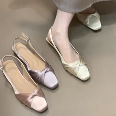 小香风蝴蝶结缎面拼接包头凉鞋女仙女风温柔后绊带单鞋
