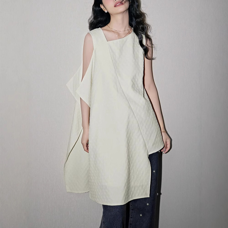 Jing Yi Xuan Elegant Irregular White Shirt Summer New Female Niche Design Sense Sleeveless Sling Mid-length Top for Women