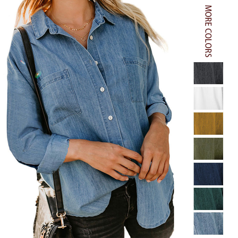 2026 Amazon Women's Denim Shirt Spring and Autumn New Loose Double-Pocket Long-Sleeve Versatile Casual Jacket Shirt