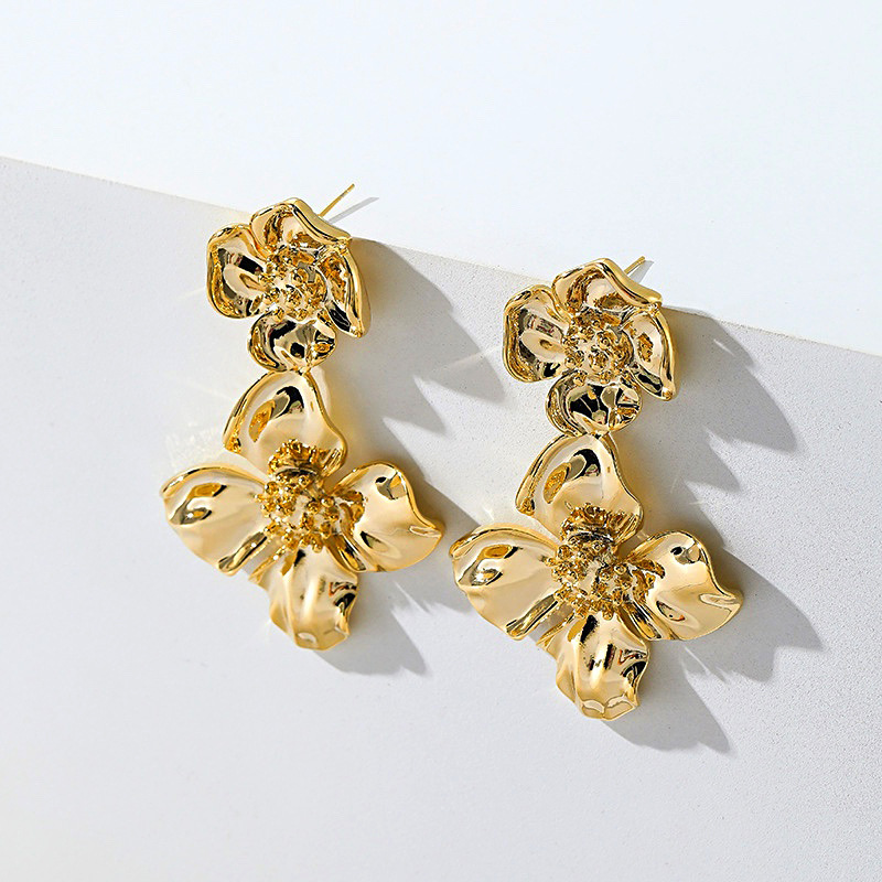 Copper Material Gold Plated Plating Flower Pattern 1 Pair Retro Flower Plating Copper Gold Plated Drop Earrings