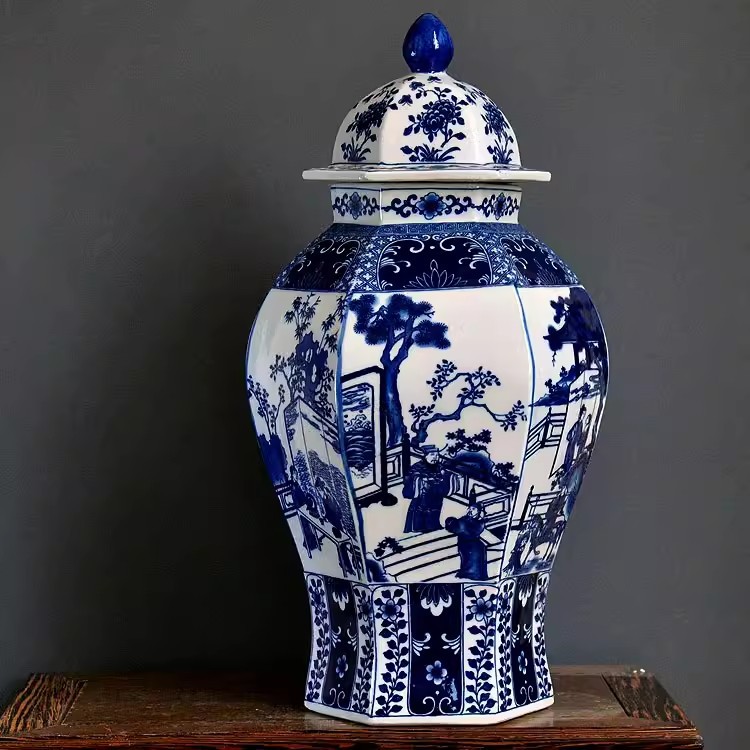 Jingdezhen antiguo tanque de almacenamiento de cerámica azul china modelo de casa de estilo residencial hotel sala de té decoración para el hogar