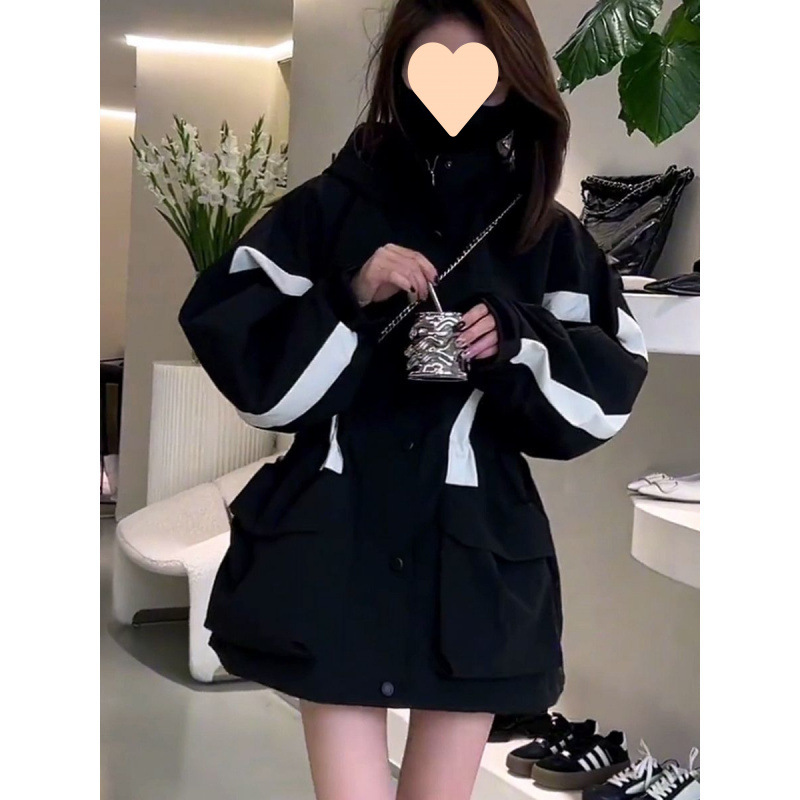 Design-sensory color-blocking jacket for women's spring new loose and fashionable outfit hooded waist-hugging work clothes