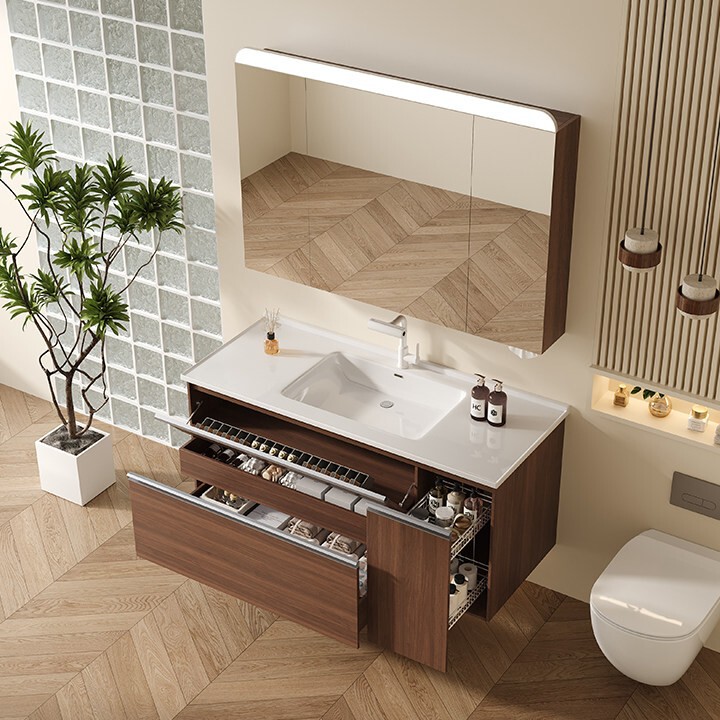 Vintage-Style Walnut Bathroom Cabinet Set with Integrated Ceramic Basin, Japanese-Style Storage Pull-Out Basket, and Washbasin Set