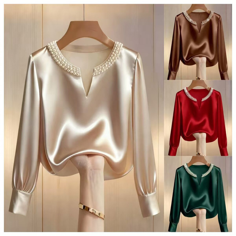 Satin Shirt for Women, Long-Sleeved V-Neck with Pearl Decoration, Elegant and Stylish Commuter Top, New Fashion Trendy Shirt