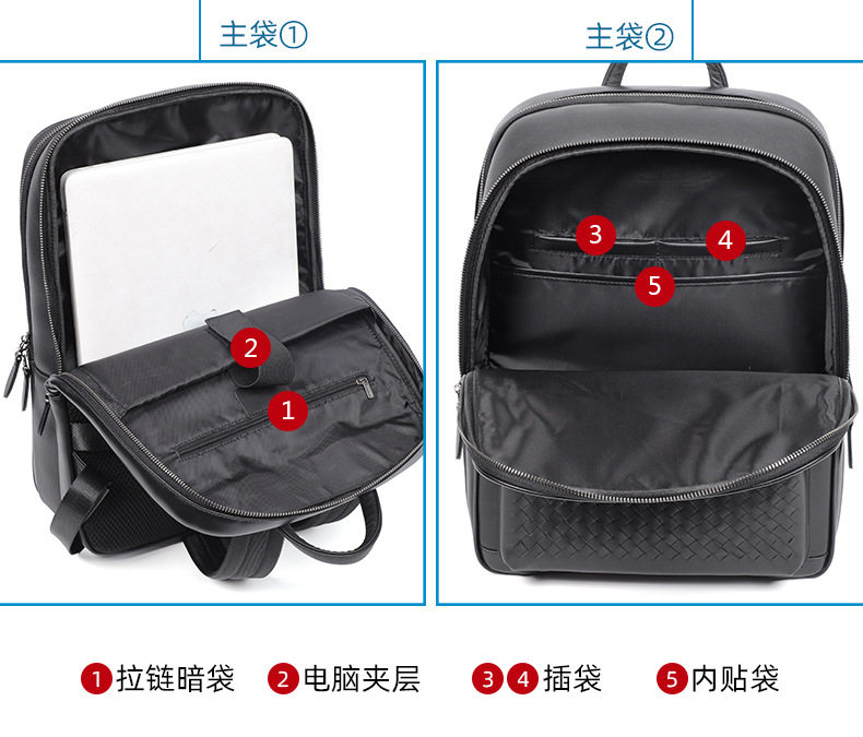 Ba lô nam da thật dệt tay thủ công, ba lô du lịch công sở dung tích lớn, ngăn máy tính 15,6 inch — Màu đen chi tiết 10