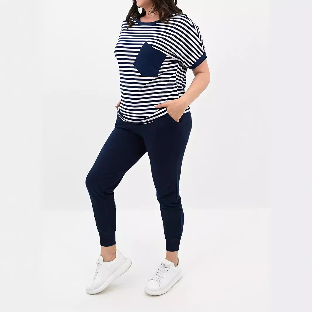 Women's Striped Casual Top Two Piece Set with Solid Color Pocket Slim Fit Trousers Short Sleeved Top Elastic Waist_voghion.com