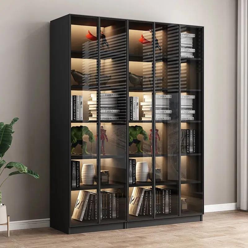 Light Luxury Bookcase with Glass Doors, Floor-Standing Bookshelf, Simple Modern Living Room Bookcase, Solid Wood Display Cabinet for Collectibles