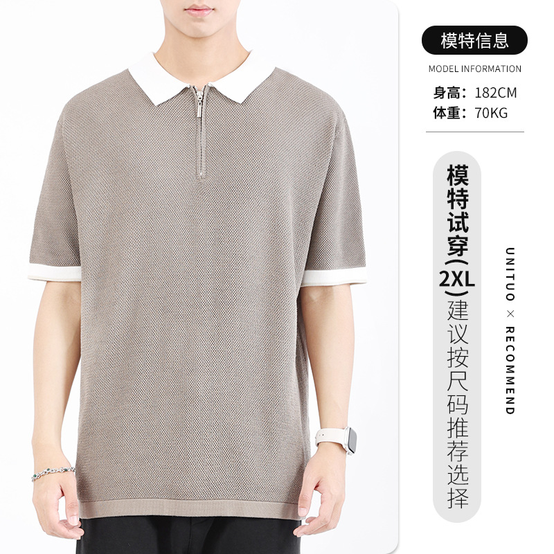 Hombres polo de verano para hombres, camiseta de punto de alta calidad de seda de hielo secado rápido con solapa de color contrastante, ropa transpirable de mangas cortas para hombres