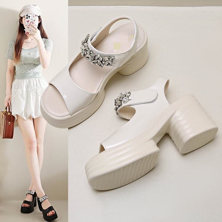 Platform Sandals with Thick Soles and Rhinestones for Petite Women, Summer 2026 New Style, High-Heeled Open-Toe Elegant Women's Shoes