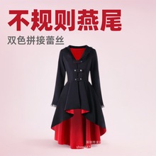 2023新款不规则燕尾大衣朋克风蕾丝拼接后背绑带风衣女哥特式外套