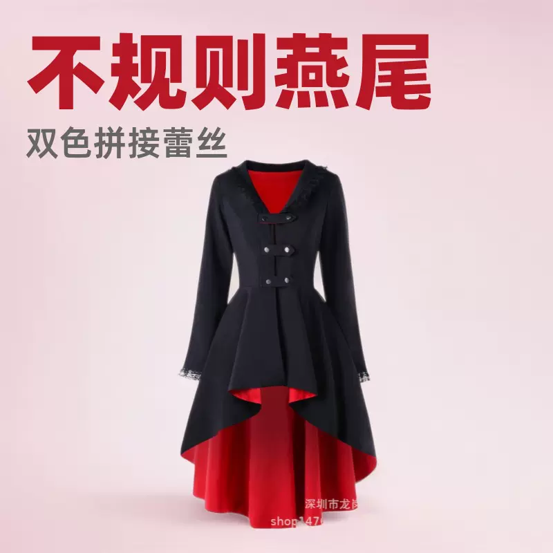 2023新款不规则燕尾大衣朋克风蕾丝拼接后背绑带风衣女哥特式外套
