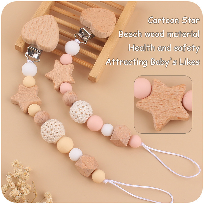 Nuevo bebé de dibujos animados melocotón corazón Haya clip calmante bebé DIY estrella mordedura chupete cadena anti-gota cadena