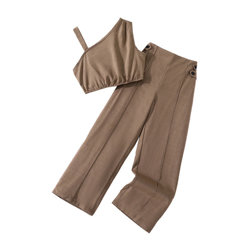 American and European Girls' Set 2026 Summer New Fashion Shoulder Strap Top Casual Wide Leg Suit Pants Two-Piece Set