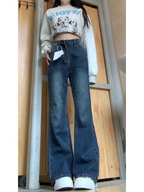 小个子复古牛仔裤女秋冬新款高腰直筒显瘦宽松阔腿百搭裤子|undefined