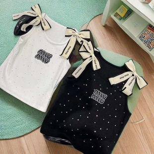 Girls' Summer Vest Camisole Trendy Children's Personalized Fashion Foreign Trade Ins Letter Rhinestone Bow Top