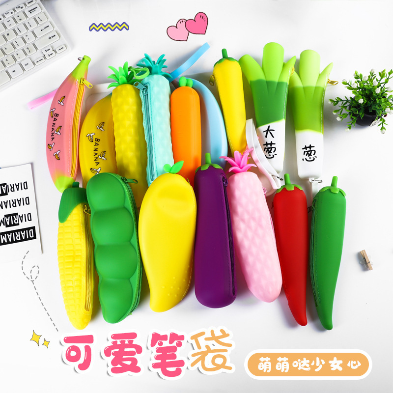 Creative Simulation Fruit Vegetable Student Schoolbag Silicone Pen Bag Pencil Children Cute Stationery Portable Storage Bag