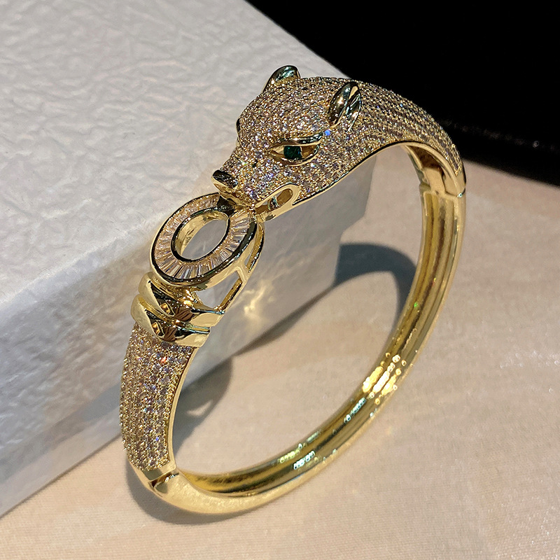 クロスボーダー新作ヒョウ柄18Kゴールドフルダイヤモンドジルコンカジアブレスレット女性用Amazon人気レトロファッションメッキ