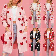 2025跨境新款冬季亚马逊情人节热卖爱心针织中长款大码毛衣外套女