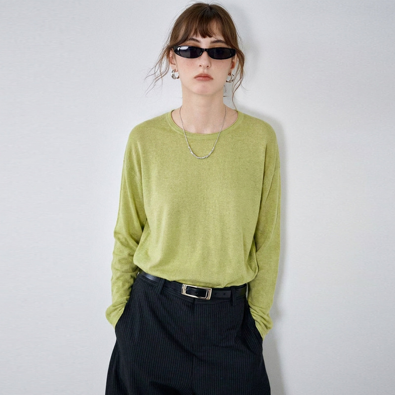 French UPW custom-woven linen-cotton knit shirt, lightweight long-sleeve top for women, early autumn breathable cotton-linen relaxed-fit T-shirt French UPW custom-woven linen-cotton knit shirt, lightweight long-sleeve top for women, early autumn breathable cotton-linen relaxed-fit T-shirt