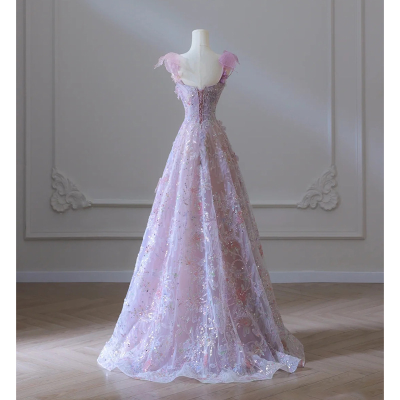 Flores púrpura vestido de brindis 2025 nuevo otoño industria pesada mujer lujoso anfitrión vestido de fiesta de cumpleaños