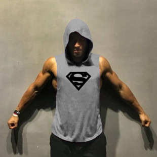 Foreign Trade New Pattern Men's Bodybuilding Fitness Sports Vest Hooded Sleeveless T-shirt Superman Stitching Loose Large Size