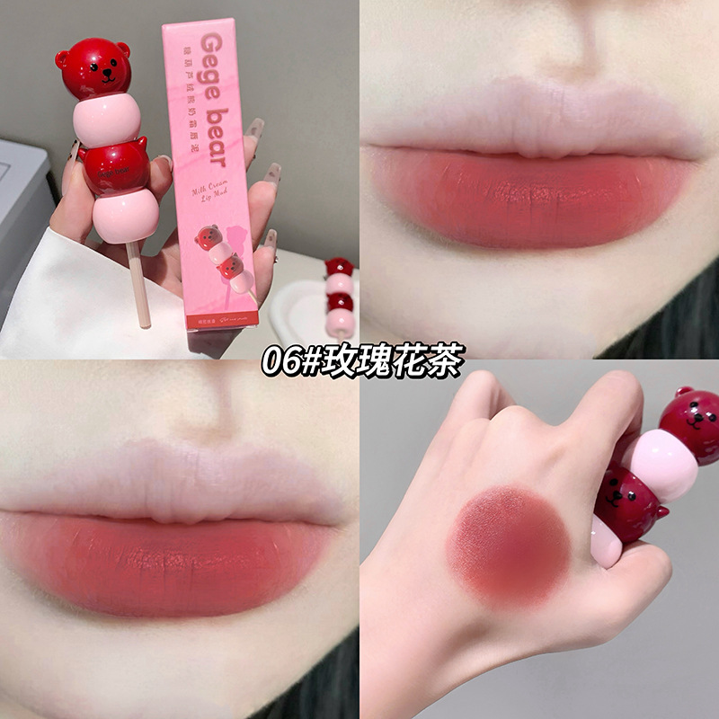 Gege oso azúcar, crema de leche de oso, polvo labial, niebla de seda, polvo labial al por mayor, no es fácil de tocar lápiz labial.