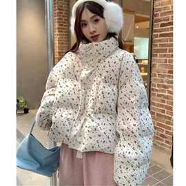 清新小碎花短款羽绒棉服冬季新款韩系学院风加厚保暖棉袄外套黑色
