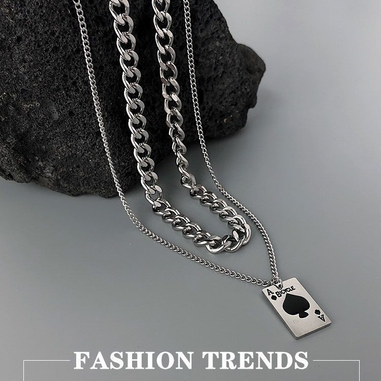 Double Layer Spades Playing Card Necklace In Titanium Steel_voghion.com