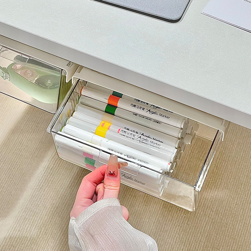 Caja de almacenamiento tipo cajón transparente sin perforación debajo de la mesa Caja de almacenamiento colgante Caja multifuncional de papelería cosmética