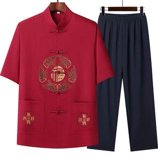 2026款新中式中老年男士唐装爸爸夏季套装国风汉服短袖爷爷服套装